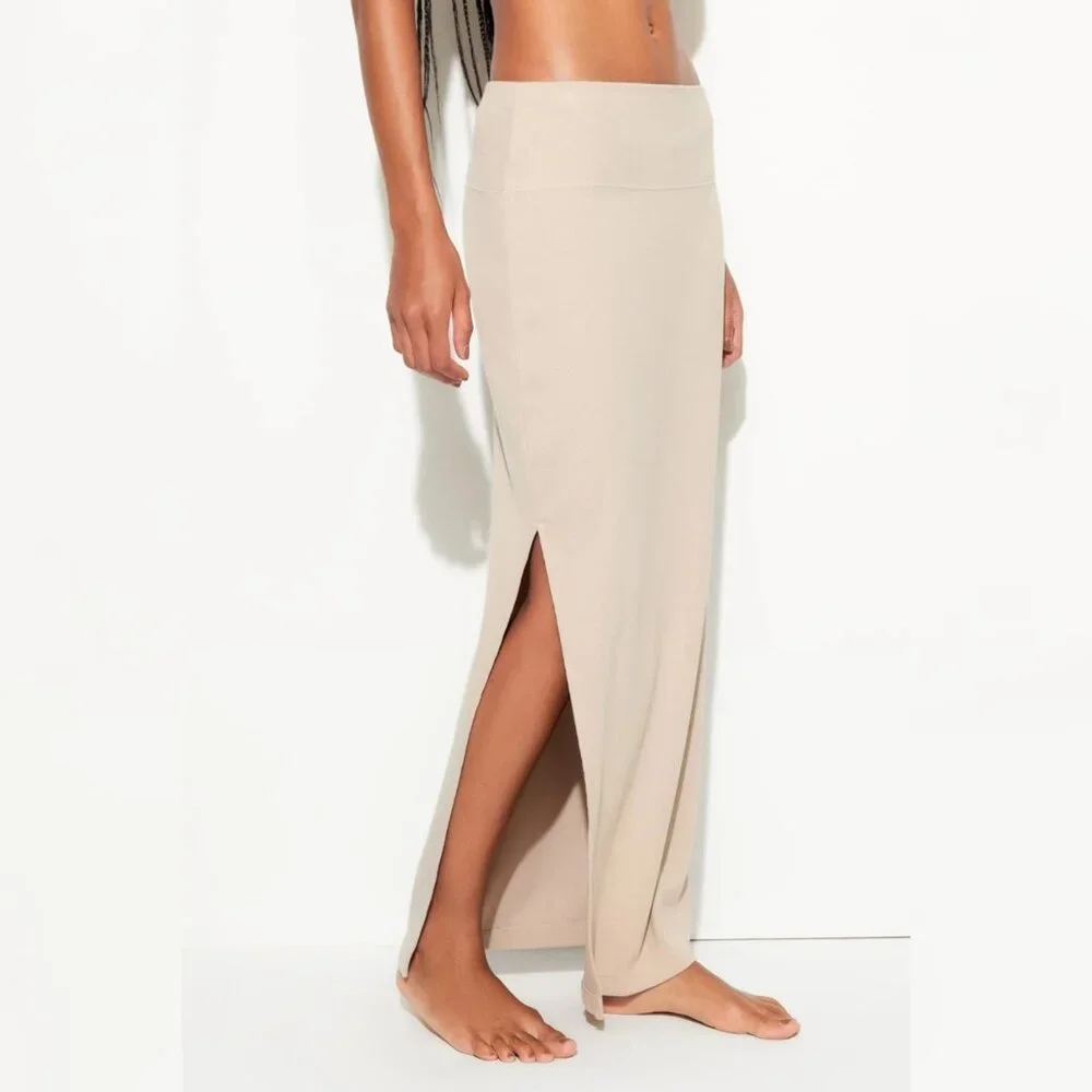 New Spiritual Gangster - L Raquel‎ Rib Maxi Slit Skirt Tan/Palo Santo $128